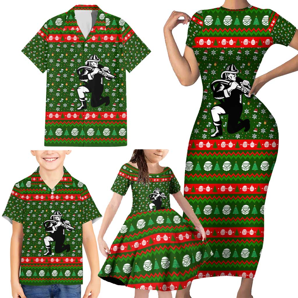 Awesome Firefighter Christmas Family Matching Short Sleeve Bodycon Dress and Hawaiian Shirt Xmas Holiday Patterns - Wonder Print Shop
