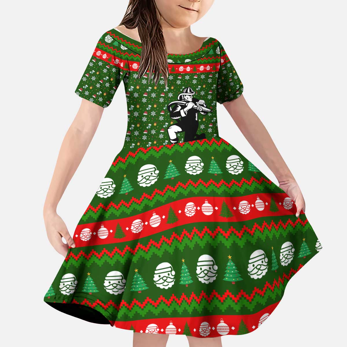 Awesome Firefighter Christmas Kid Short Sleeve Dress Xmas Holiday Patterns - Wonder Print Shop