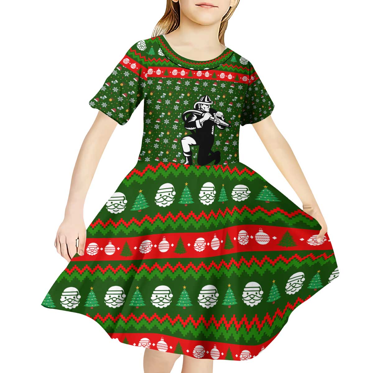 Awesome Firefighter Christmas Kid Short Sleeve Dress Xmas Holiday Patterns - Wonder Print Shop