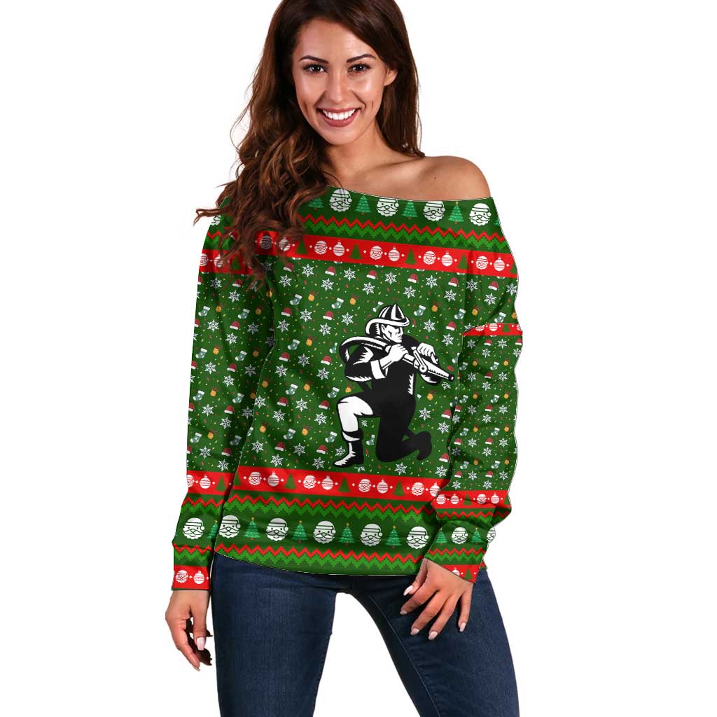 Awesome Firefighter Christmas Off Shoulder Sweater Xmas Holiday Patterns - Wonder Print Shop