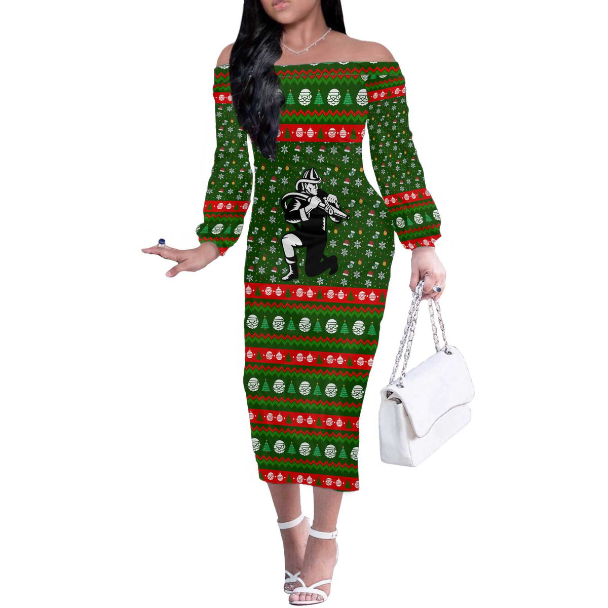 Awesome Firefighter Christmas Off The Shoulder Long Sleeve Dress Xmas Holiday Patterns - Wonder Print Shop