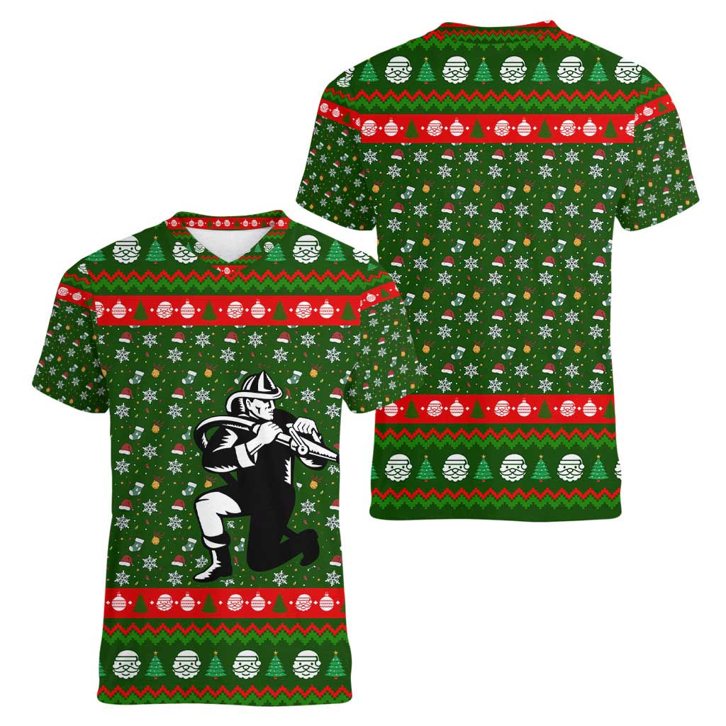 Awesome Firefighter Christmas Women V-Neck T-Shirt Xmas Holiday Patterns - Wonder Print Shop