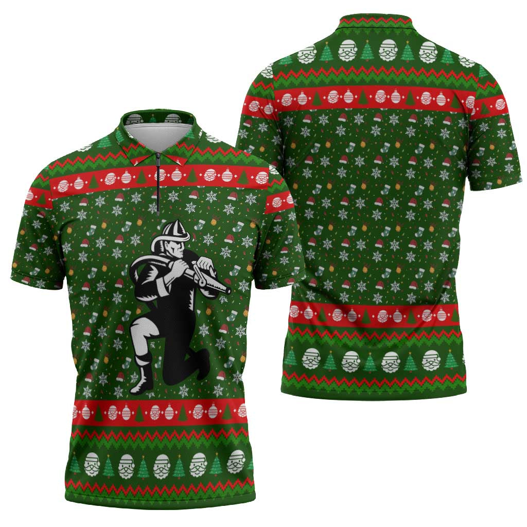 Awesome Firefighter Christmas Zipper Polo Shirt Xmas Holiday Patterns - Wonder Print Shop