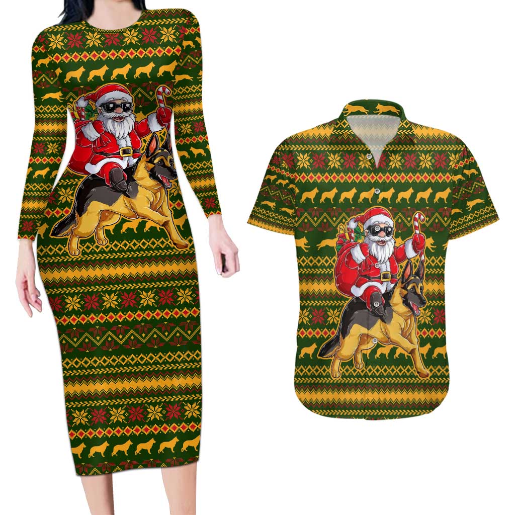 Awesome German Shepherd Dog Santa Claus Christmas Couples Matching Long Sleeve Bodycon Dress and Hawaiian Shirt Xmas Holiday Patterns - Wonder Print Shop