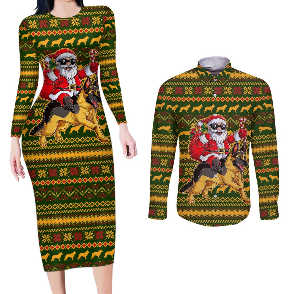 Awesome German Shepherd Dog Santa Claus Christmas Couples Matching Long Sleeve Bodycon Dress and Long Sleeve Button Shirt Xmas Holiday Patterns - Wonder Print Shop