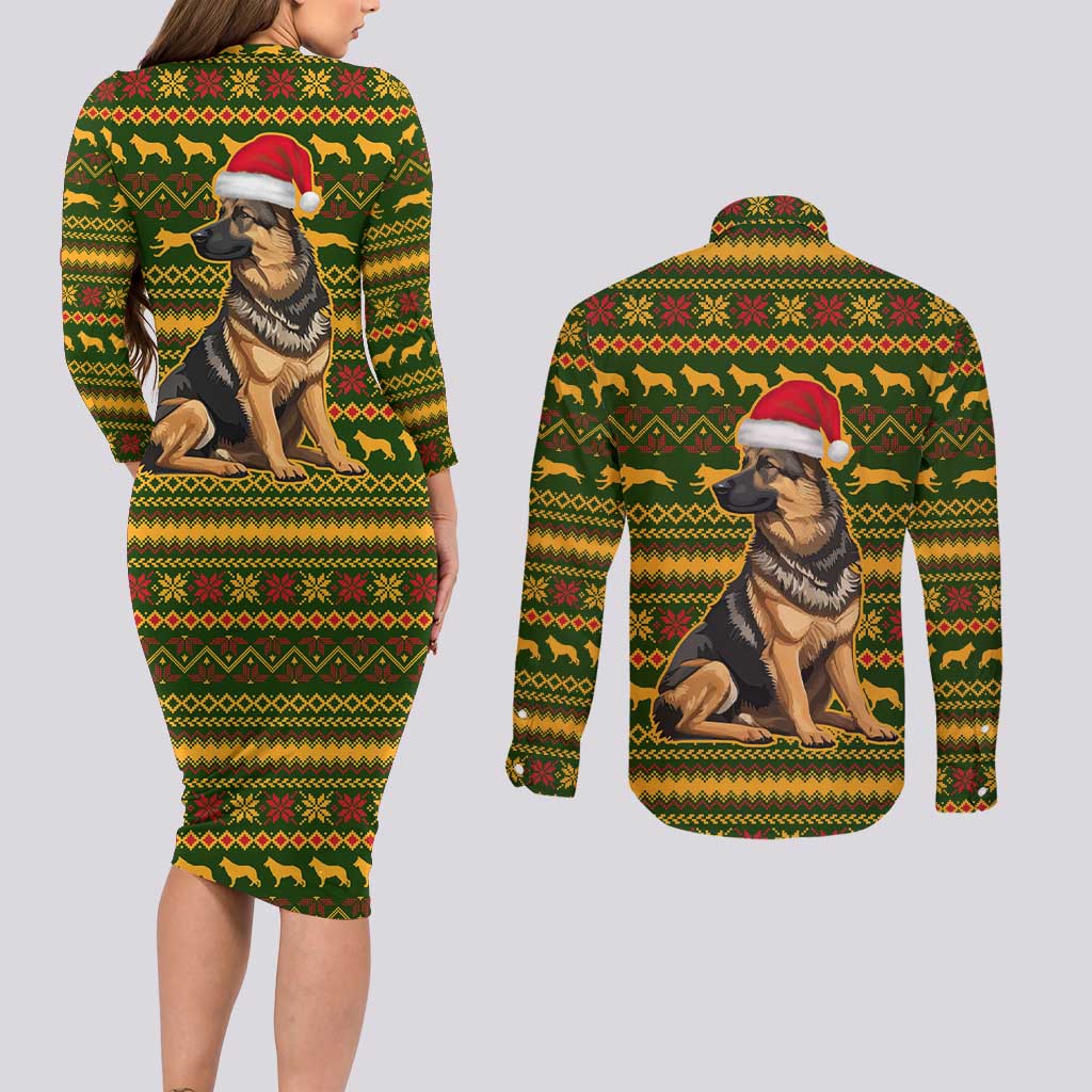 Awesome German Shepherd Dog Santa Claus Christmas Couples Matching Long Sleeve Bodycon Dress and Long Sleeve Button Shirt Xmas Holiday Patterns - Wonder Print Shop