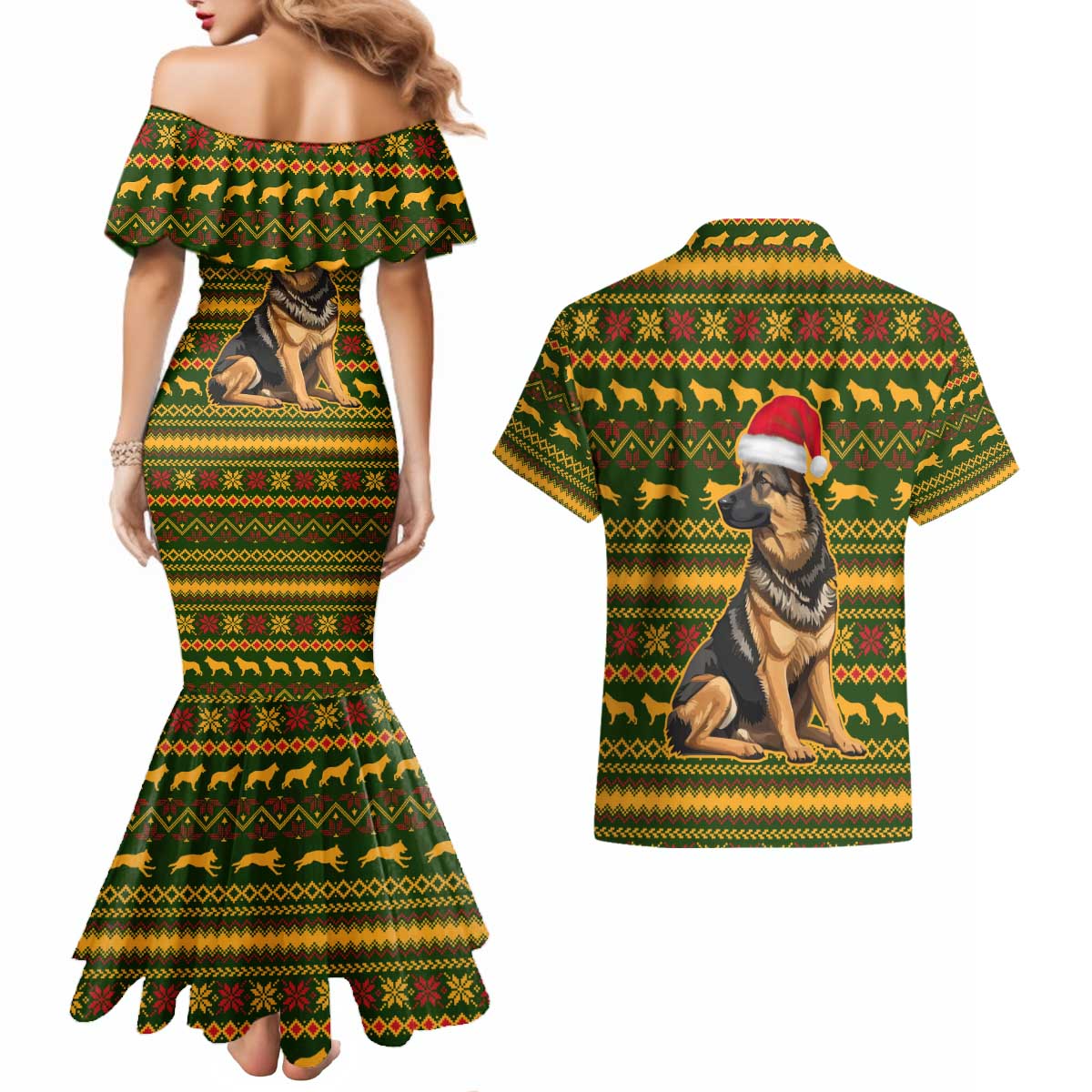 Awesome German Shepherd Dog Santa Claus Christmas Couples Matching Mermaid Dress and Hawaiian Shirt Xmas Holiday Patterns - Wonder Print Shop