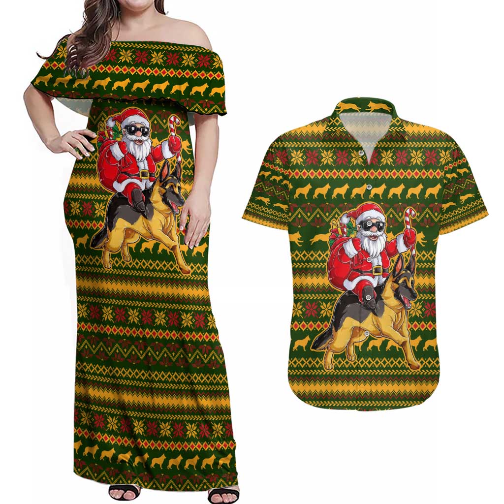 Awesome German Shepherd Dog Santa Claus Christmas Couples Matching Off Shoulder Maxi Dress and Hawaiian Shirt Xmas Holiday Patterns - Wonder Print Shop