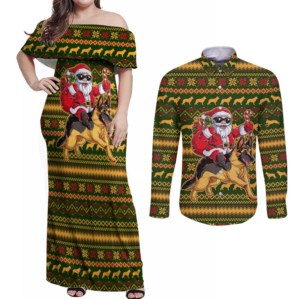 Awesome German Shepherd Dog Santa Claus Christmas Couples Matching Off Shoulder Maxi Dress and Long Sleeve Button Shirt Xmas Holiday Patterns - Wonder Print Shop