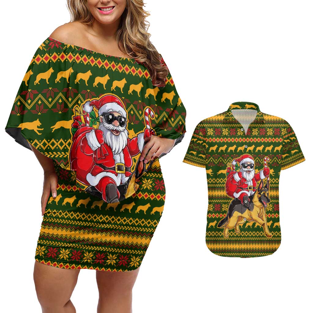 Awesome German Shepherd Dog Santa Claus Christmas Couples Matching Off Shoulder Short Dress and Hawaiian Shirt Xmas Holiday Patterns - Wonder Print Shop