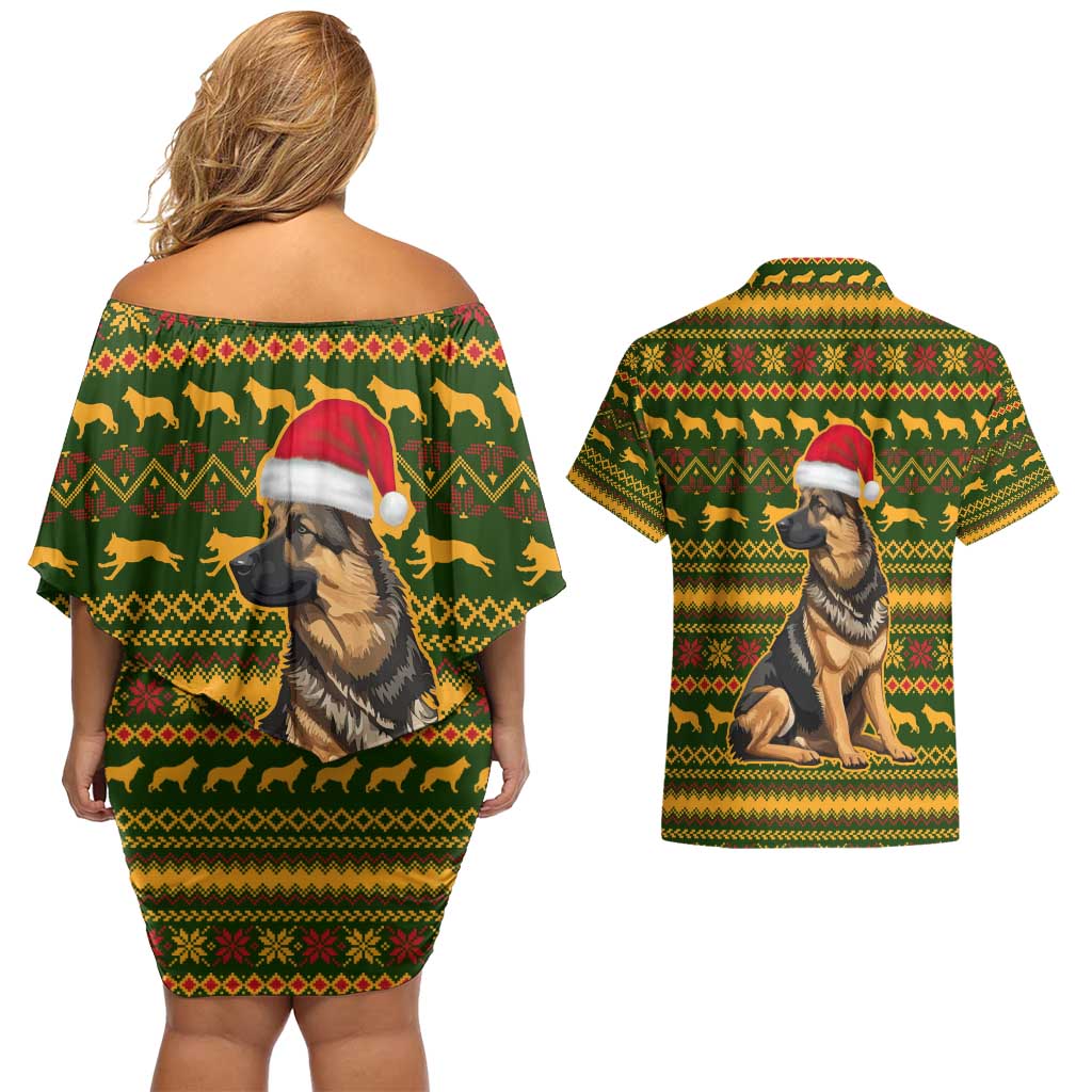 Awesome German Shepherd Dog Santa Claus Christmas Couples Matching Off Shoulder Short Dress and Hawaiian Shirt Xmas Holiday Patterns - Wonder Print Shop