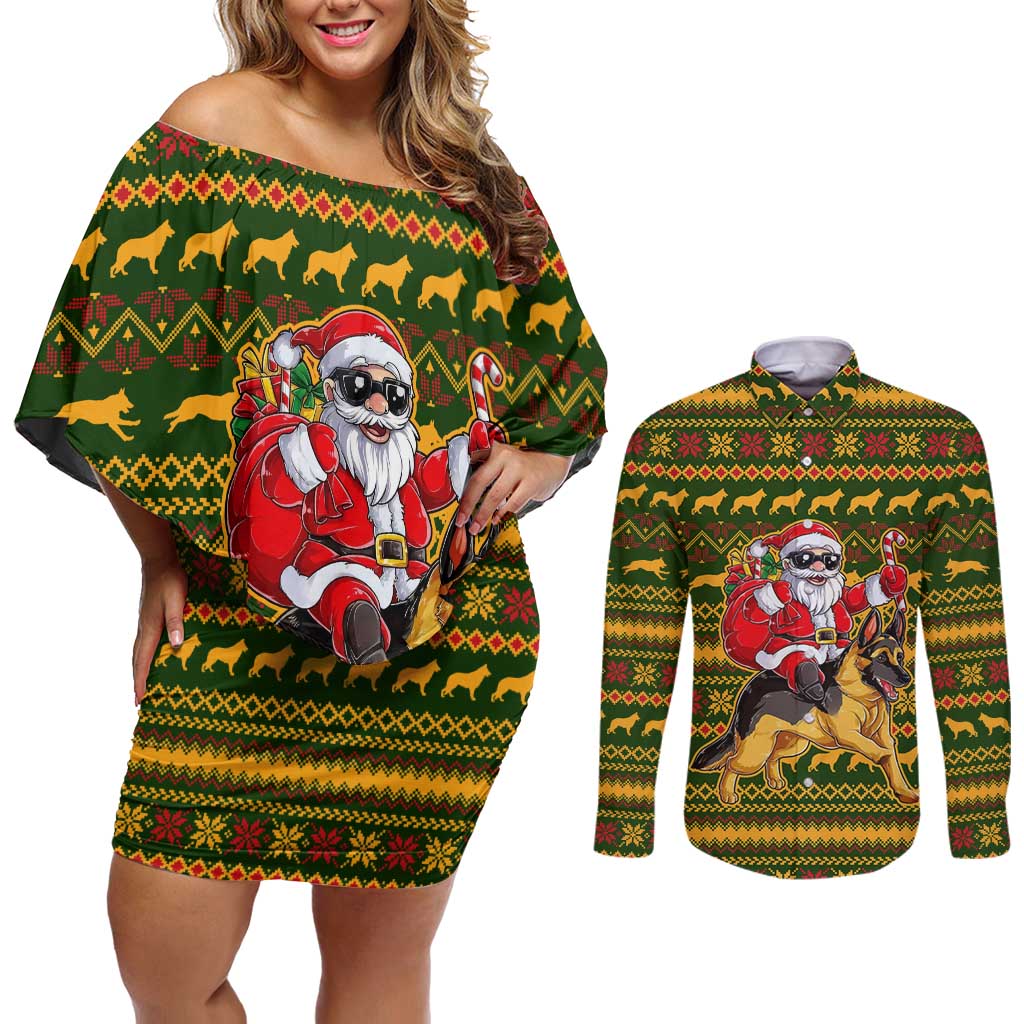 Awesome German Shepherd Dog Santa Claus Christmas Couples Matching Off Shoulder Short Dress and Long Sleeve Button Shirt Xmas Holiday Patterns - Wonder Print Shop