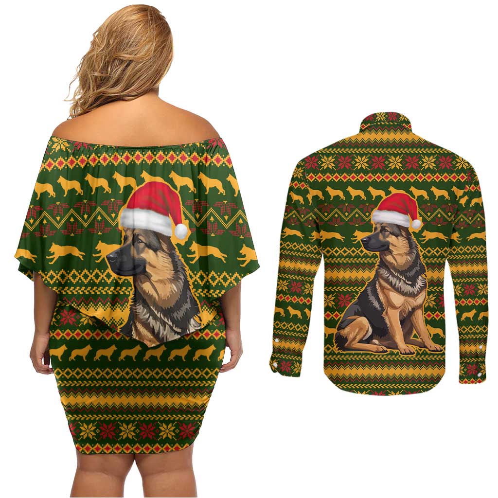 Awesome German Shepherd Dog Santa Claus Christmas Couples Matching Off Shoulder Short Dress and Long Sleeve Button Shirt Xmas Holiday Patterns - Wonder Print Shop