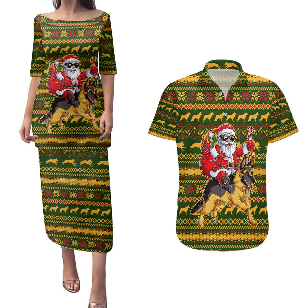 Awesome German Shepherd Dog Santa Claus Christmas Couples Matching Puletasi and Hawaiian Shirt Xmas Holiday Patterns - Wonder Print Shop