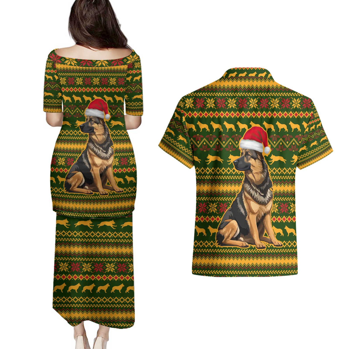 Awesome German Shepherd Dog Santa Claus Christmas Couples Matching Puletasi and Hawaiian Shirt Xmas Holiday Patterns - Wonder Print Shop