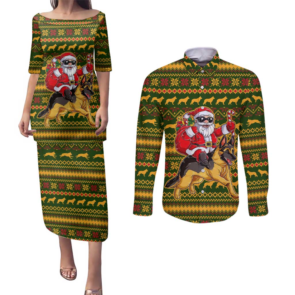 Awesome German Shepherd Dog Santa Claus Christmas Couples Matching Puletasi and Long Sleeve Button Shirt Xmas Holiday Patterns - Wonder Print Shop