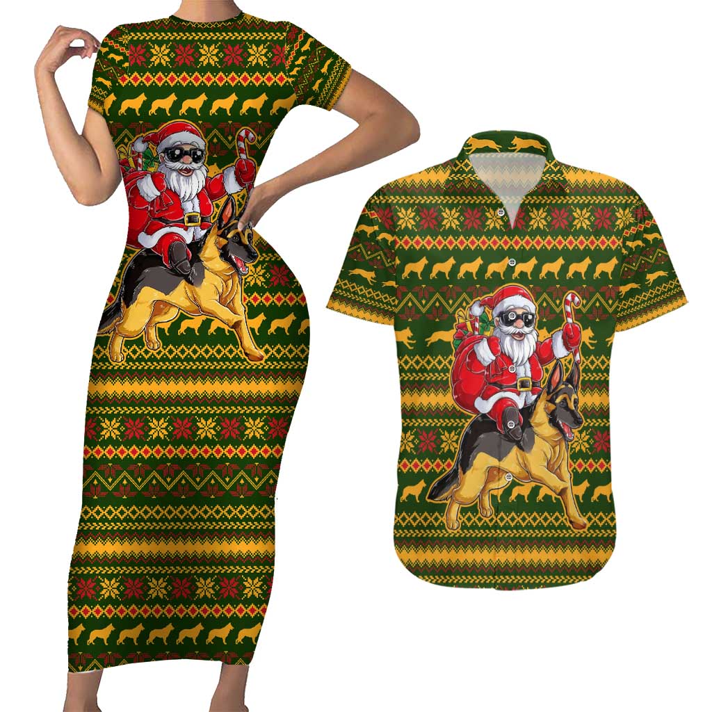 Awesome German Shepherd Dog Santa Claus Christmas Couples Matching Short Sleeve Bodycon Dress and Hawaiian Shirt Xmas Holiday Patterns - Wonder Print Shop