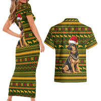 Awesome German Shepherd Dog Santa Claus Christmas Couples Matching Short Sleeve Bodycon Dress and Hawaiian Shirt Xmas Holiday Patterns - Wonder Print Shop
