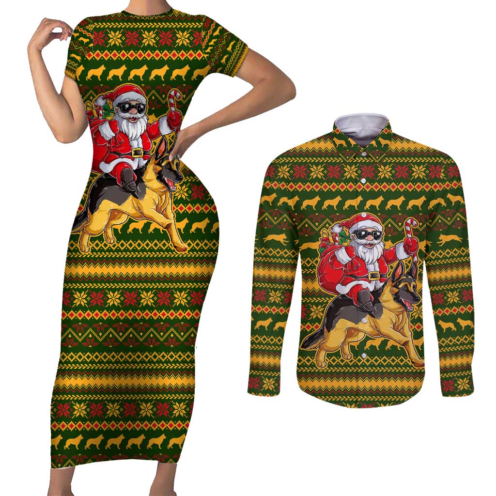 Awesome German Shepherd Dog Santa Claus Christmas Couples Matching Short Sleeve Bodycon Dress and Long Sleeve Button Shirt Xmas Holiday Patterns - Wonder Print Shop