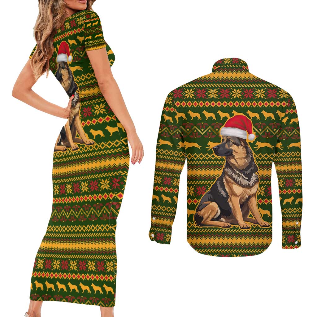 Awesome German Shepherd Dog Santa Claus Christmas Couples Matching Short Sleeve Bodycon Dress and Long Sleeve Button Shirt Xmas Holiday Patterns - Wonder Print Shop
