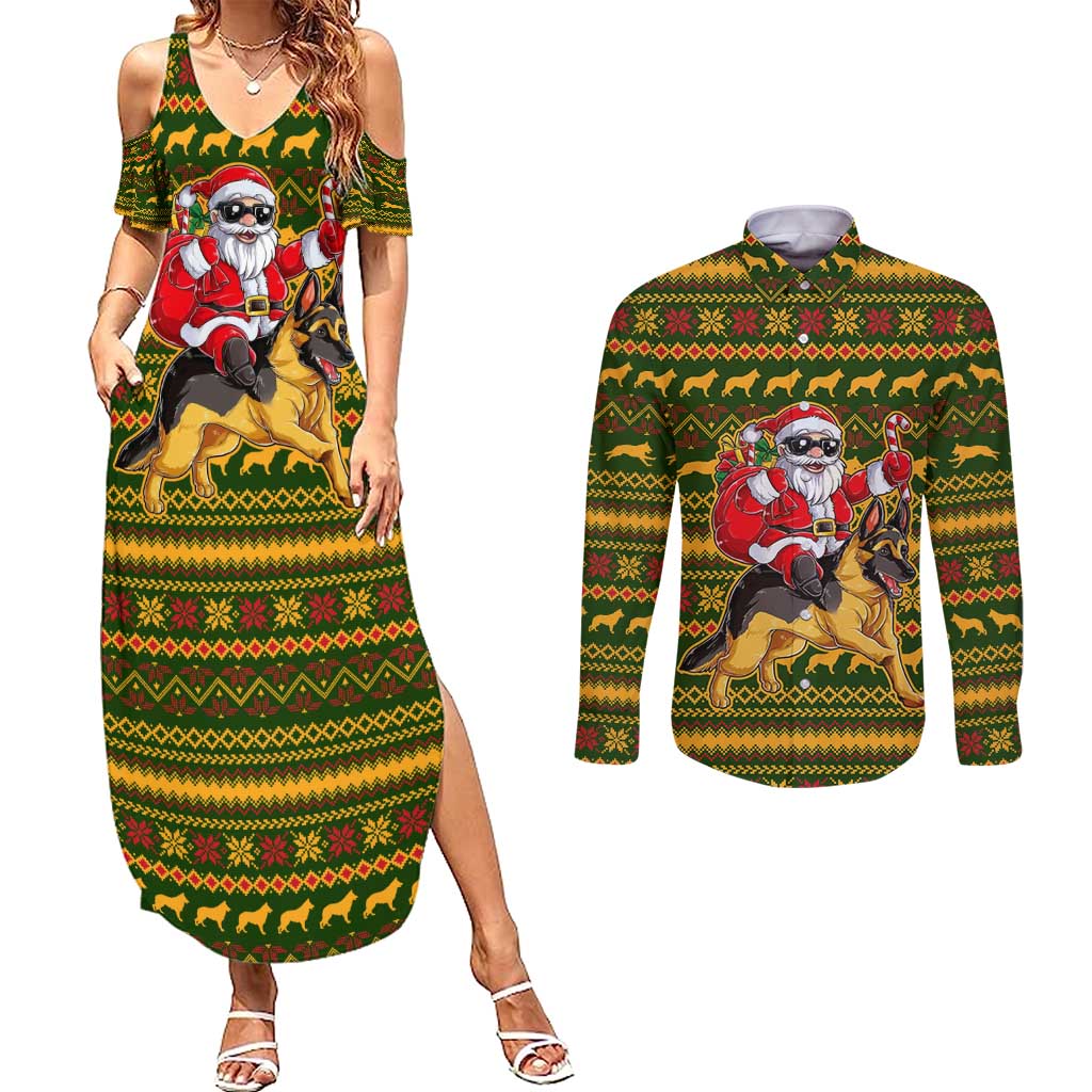 Awesome German Shepherd Dog Santa Claus Christmas Couples Matching Summer Maxi Dress and Long Sleeve Button Shirt Xmas Holiday Patterns - Wonder Print Shop