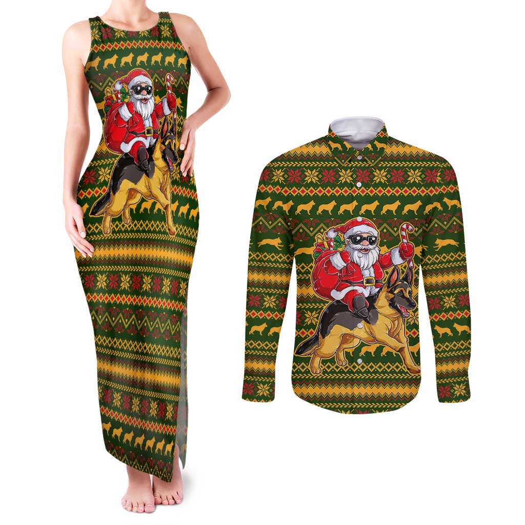 Awesome German Shepherd Dog Santa Claus Christmas Couples Matching Tank Maxi Dress and Long Sleeve Button Shirt Xmas Holiday Patterns - Wonder Print Shop
