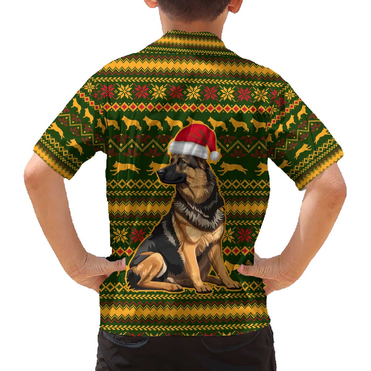 Awesome German Shepherd Dog Santa Claus Christmas Family Matching Off The Shoulder Long Sleeve Dress and Hawaiian Shirt Xmas Holiday Patterns - Wonder Print Shop
