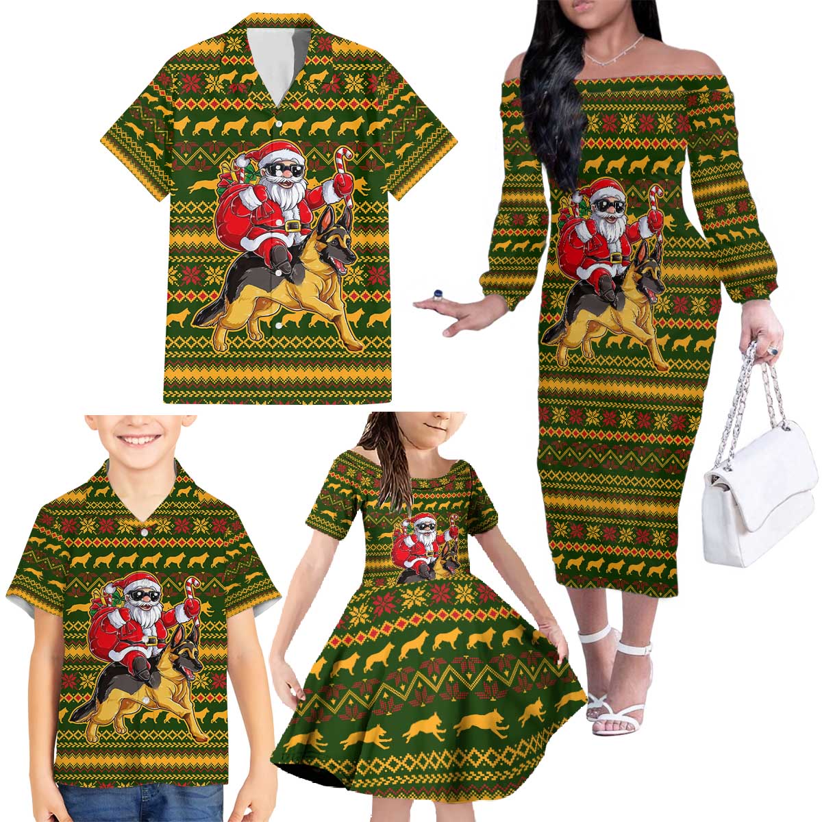 Awesome German Shepherd Dog Santa Claus Christmas Family Matching Off The Shoulder Long Sleeve Dress and Hawaiian Shirt Xmas Holiday Patterns - Wonder Print Shop