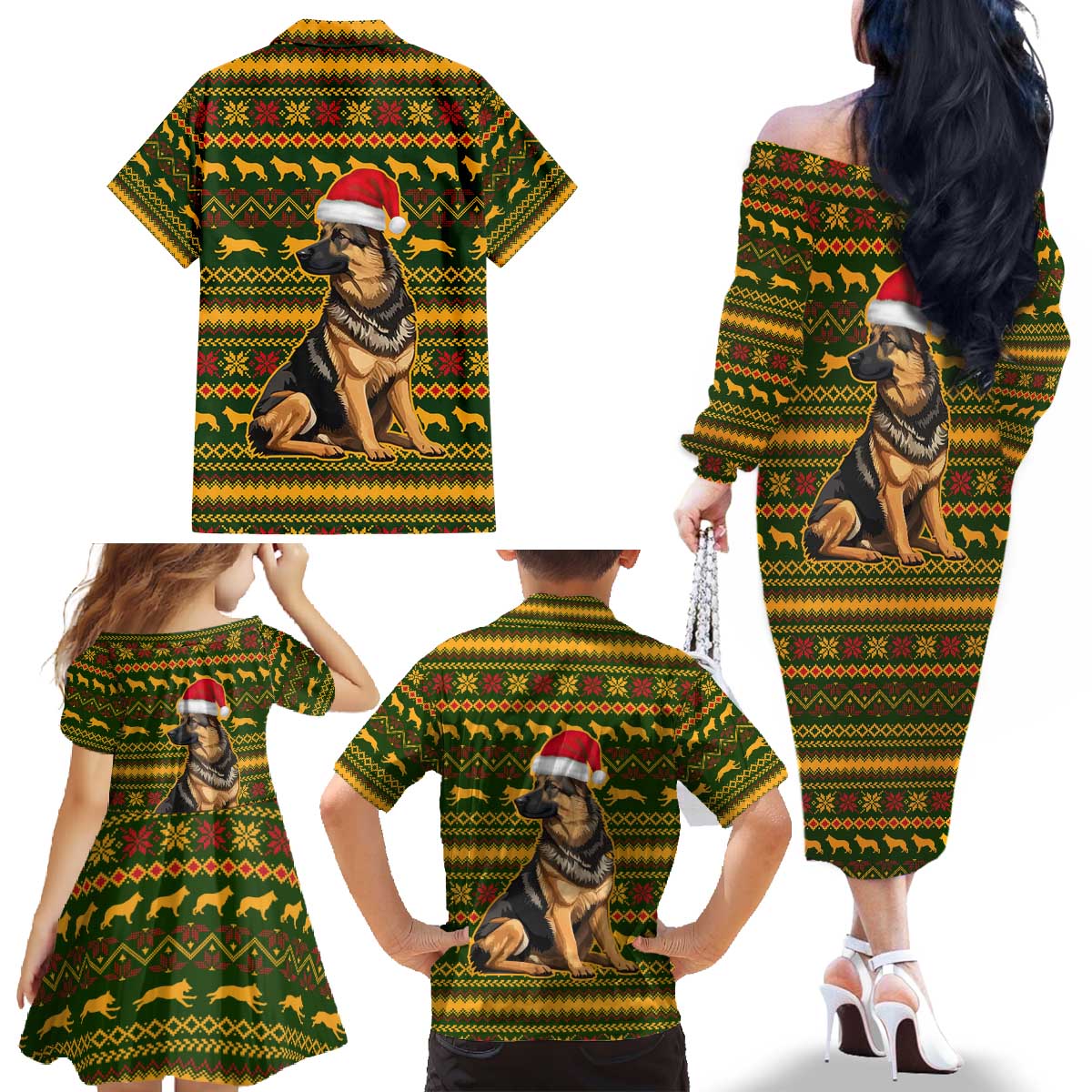 Awesome German Shepherd Dog Santa Claus Christmas Family Matching Off The Shoulder Long Sleeve Dress and Hawaiian Shirt Xmas Holiday Patterns - Wonder Print Shop