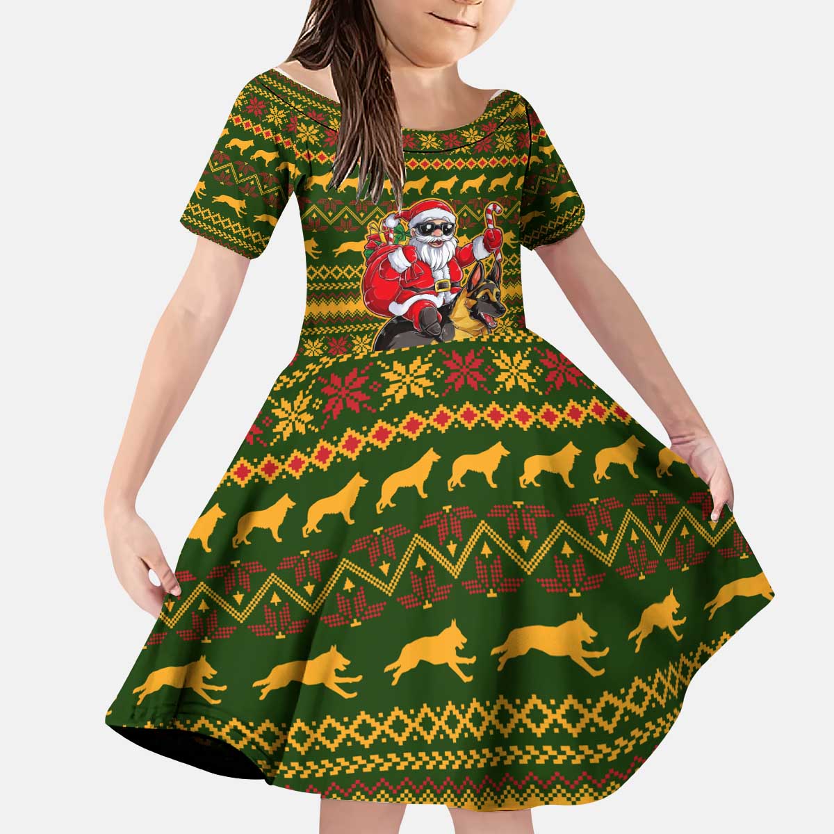 Awesome German Shepherd Dog Santa Claus Christmas Kid Short Sleeve Dress Xmas Holiday Patterns - Wonder Print Shop