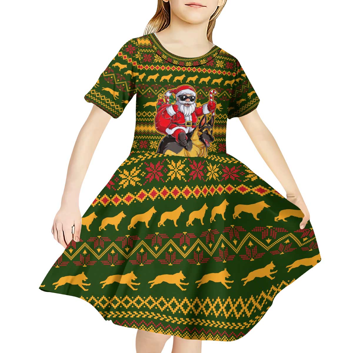 Awesome German Shepherd Dog Santa Claus Christmas Kid Short Sleeve Dress Xmas Holiday Patterns - Wonder Print Shop