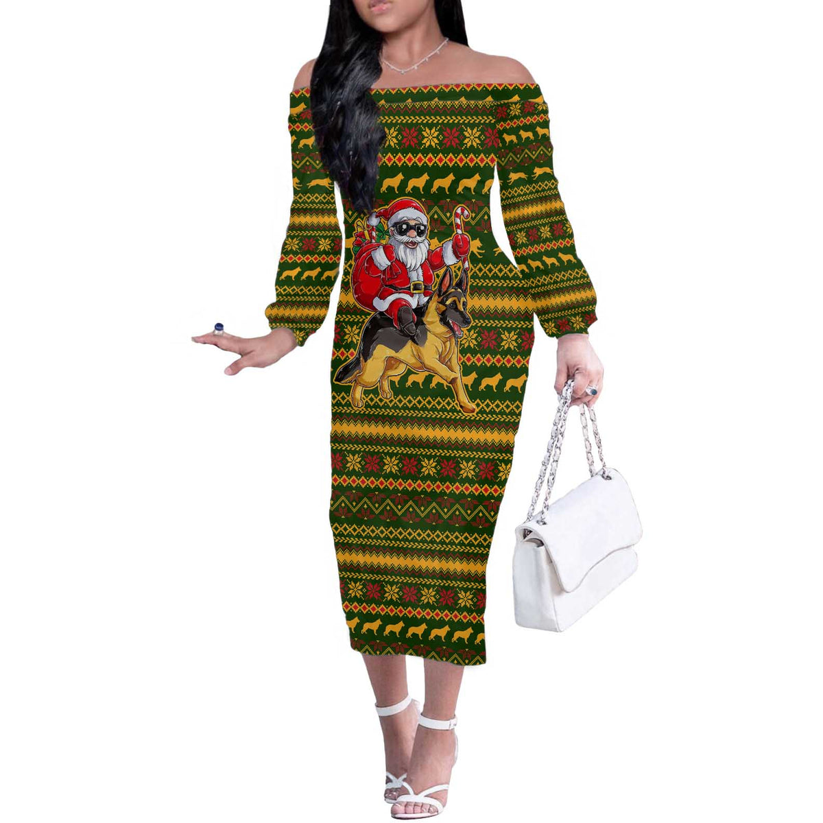 Awesome German Shepherd Dog Santa Claus Christmas Off The Shoulder Long Sleeve Dress Xmas Holiday Patterns - Wonder Print Shop