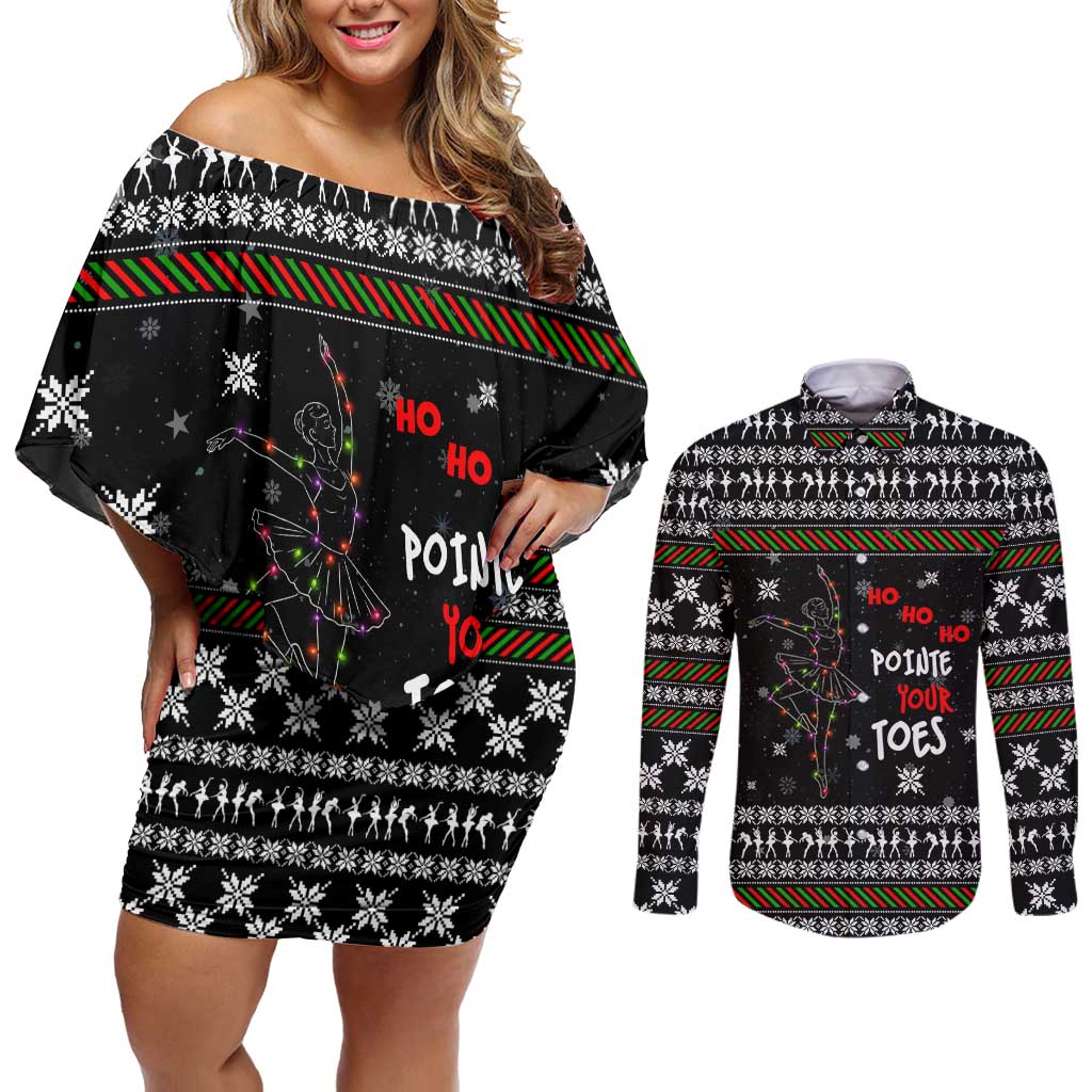 Ballet Pointe Christmas Design Couples Matching Off Shoulder Short Dress and Long Sleeve Button Shirt Xmas Holiday Patterns - Wonder Print Shop