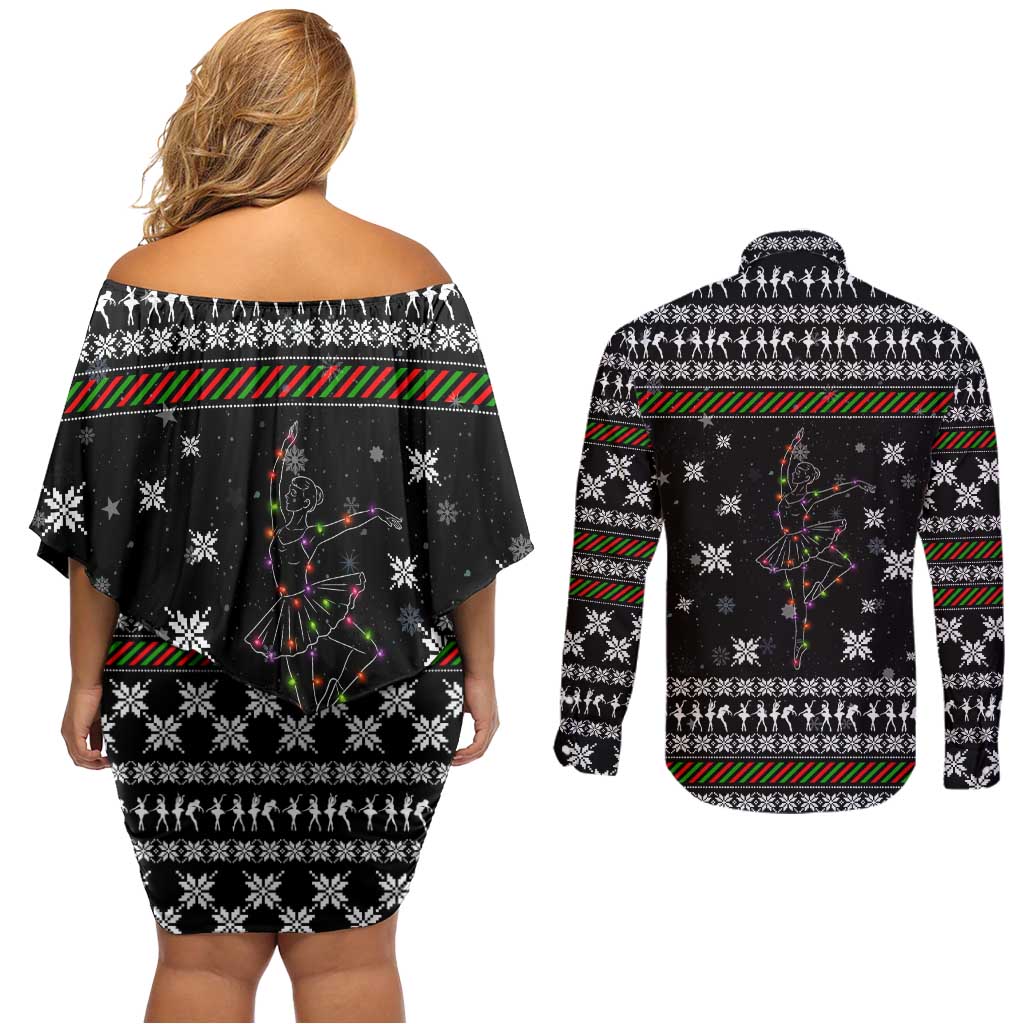 Ballet Pointe Christmas Design Couples Matching Off Shoulder Short Dress and Long Sleeve Button Shirt Xmas Holiday Patterns - Wonder Print Shop