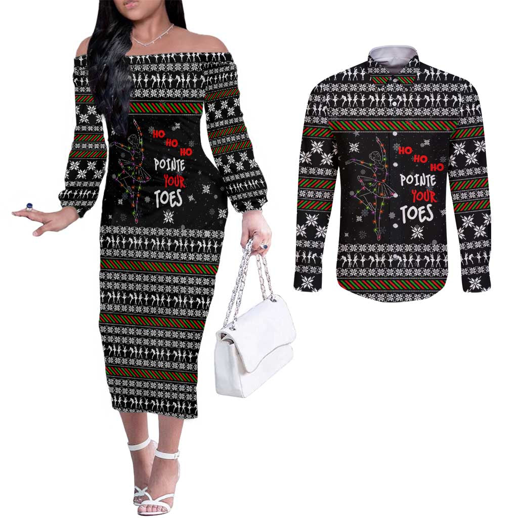 Ballet Pointe Christmas Design Couples Matching Off The Shoulder Long Sleeve Dress and Long Sleeve Button Shirt Xmas Holiday Patterns - Wonder Print Shop