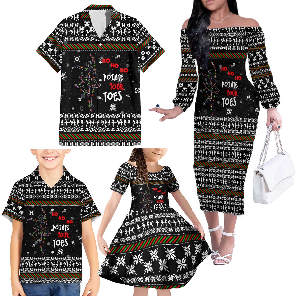 Ballet Pointe Christmas Design Family Matching Off The Shoulder Long Sleeve Dress and Hawaiian Shirt Xmas Holiday Patterns - Wonder Print Shop
