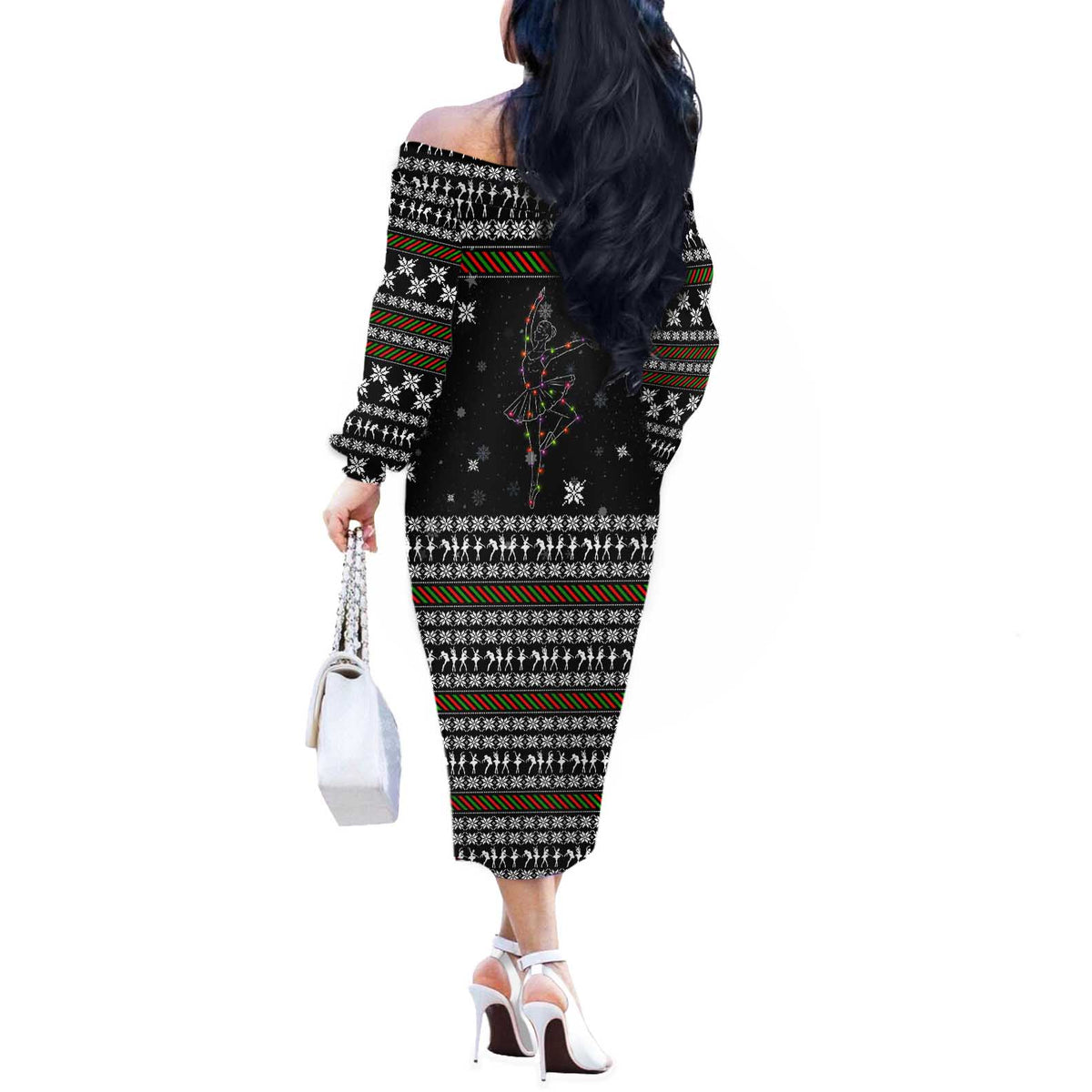 Ballet Pointe Christmas Design Off The Shoulder Long Sleeve Dress Xmas Holiday Patterns - Wonder Print Shop