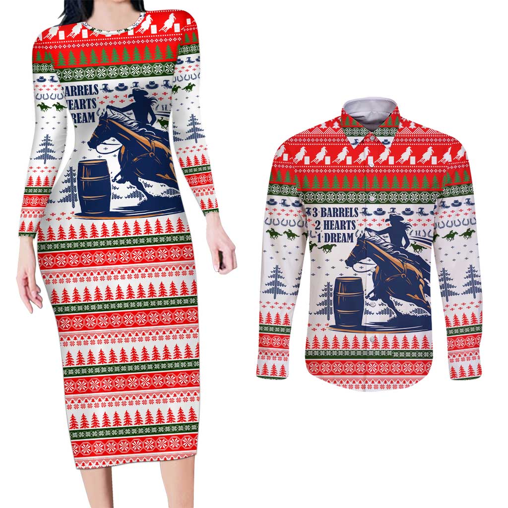 Barrel Racing Christmas Couples Matching Long Sleeve Bodycon Dress and Long Sleeve Button Shirt Xmas Holiday Patterns - Wonder Print Shop