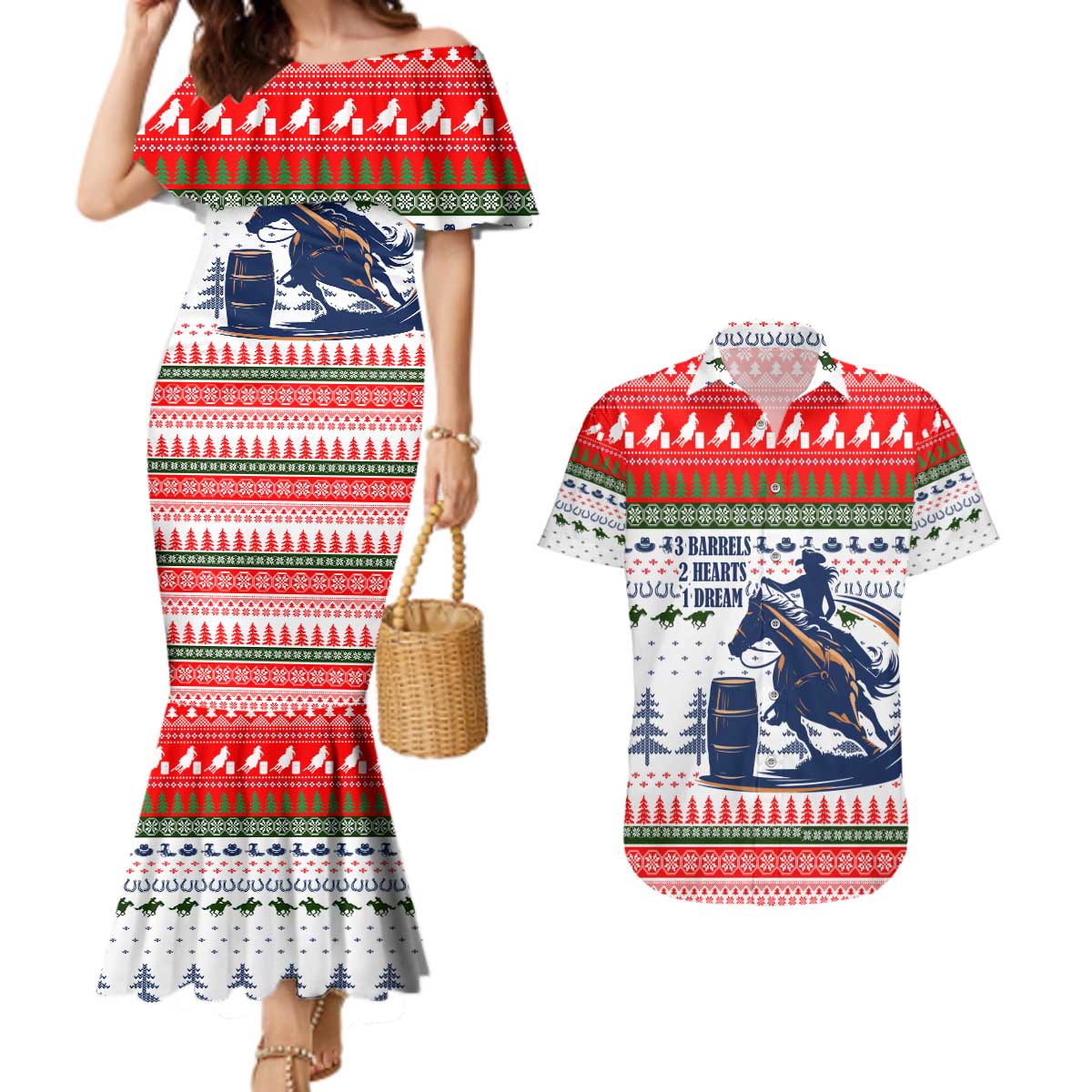 Barrel Racing Christmas Couples Matching Mermaid Dress and Hawaiian Shirt Xmas Holiday Patterns - Wonder Print Shop
