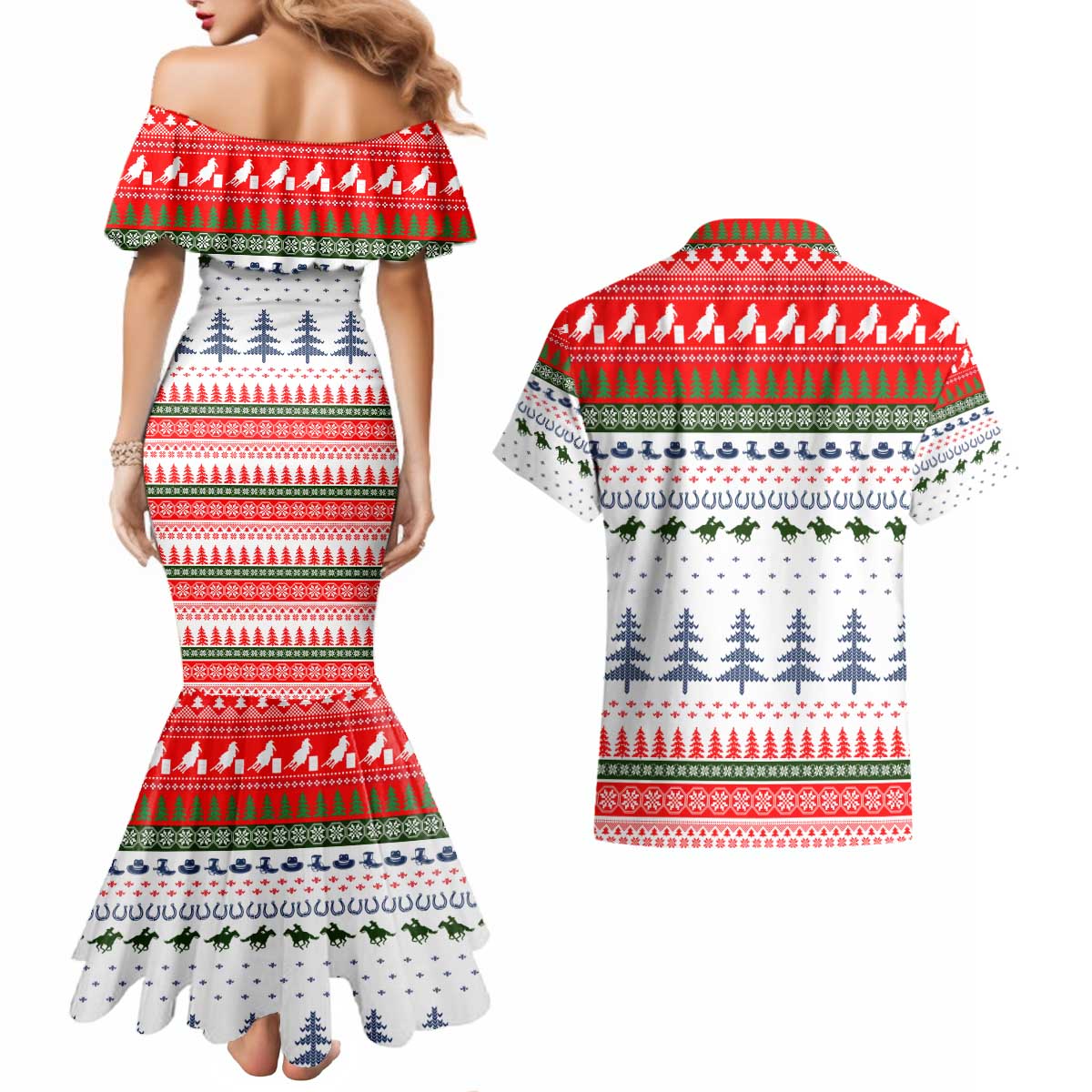 Barrel Racing Christmas Couples Matching Mermaid Dress and Hawaiian Shirt Xmas Holiday Patterns - Wonder Print Shop