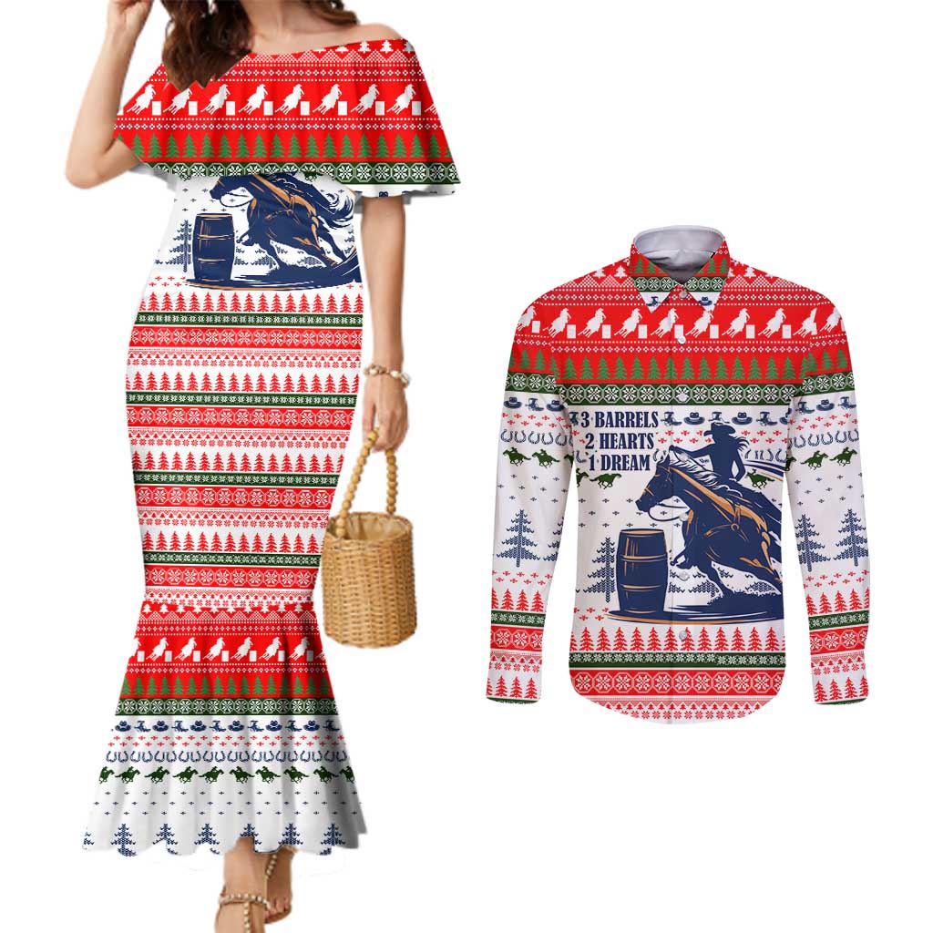 Barrel Racing Christmas Couples Matching Mermaid Dress and Long Sleeve Button Shirt Xmas Holiday Patterns - Wonder Print Shop