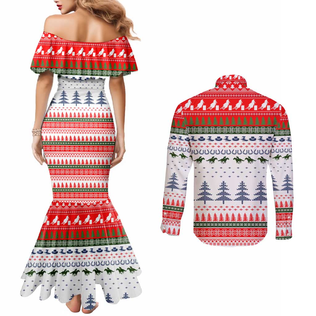 Barrel Racing Christmas Couples Matching Mermaid Dress and Long Sleeve Button Shirt Xmas Holiday Patterns - Wonder Print Shop