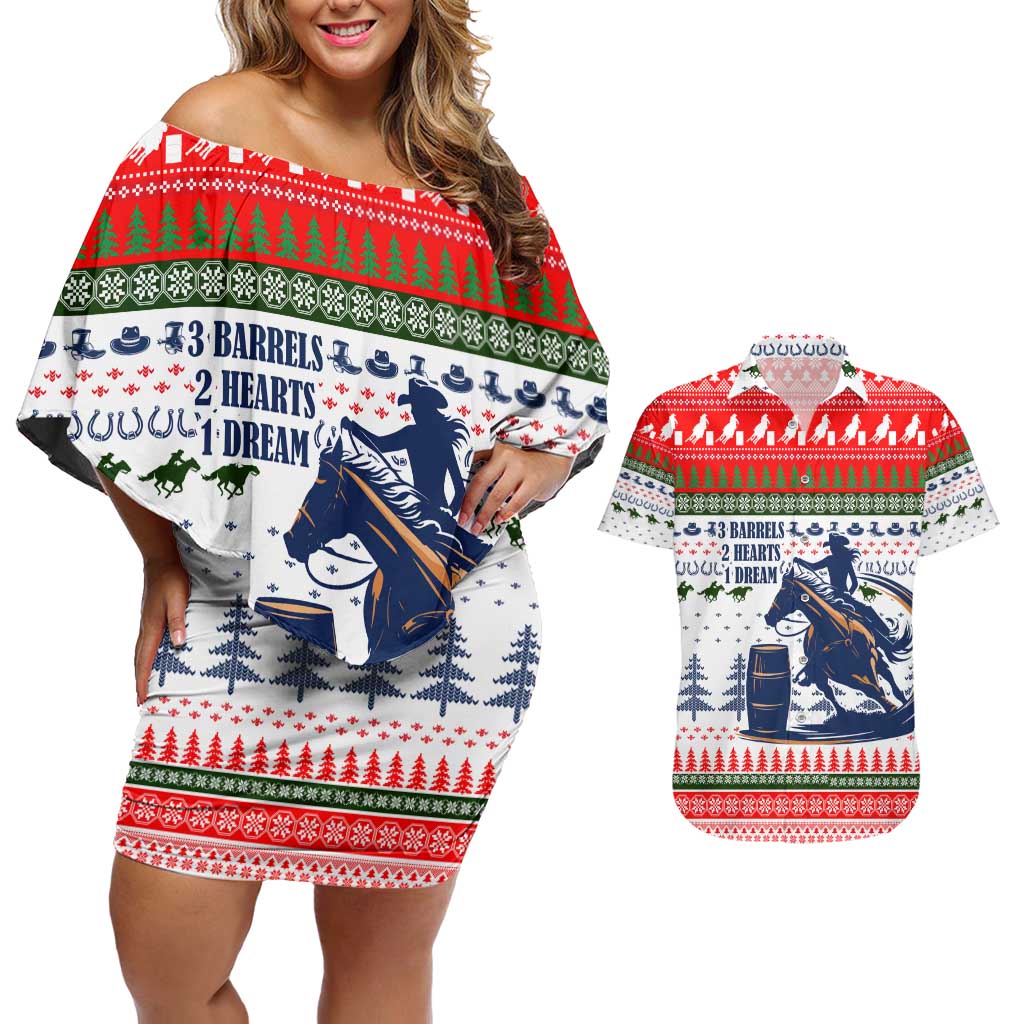Barrel Racing Christmas Couples Matching Off Shoulder Short Dress and Hawaiian Shirt Xmas Holiday Patterns - Wonder Print Shop
