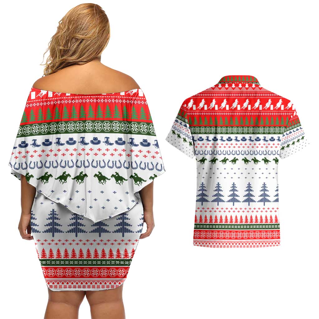 Barrel Racing Christmas Couples Matching Off Shoulder Short Dress and Hawaiian Shirt Xmas Holiday Patterns - Wonder Print Shop