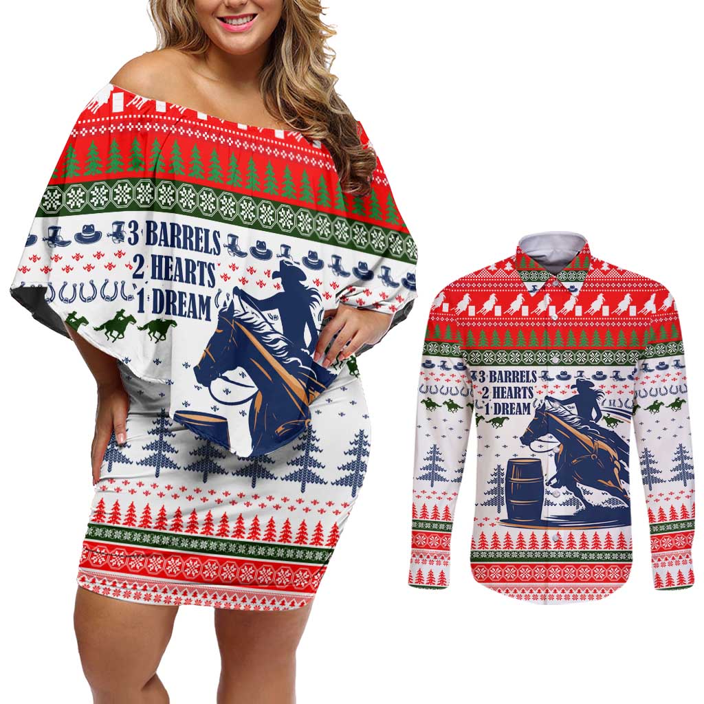 Barrel Racing Christmas Couples Matching Off Shoulder Short Dress and Long Sleeve Button Shirt Xmas Holiday Patterns - Wonder Print Shop