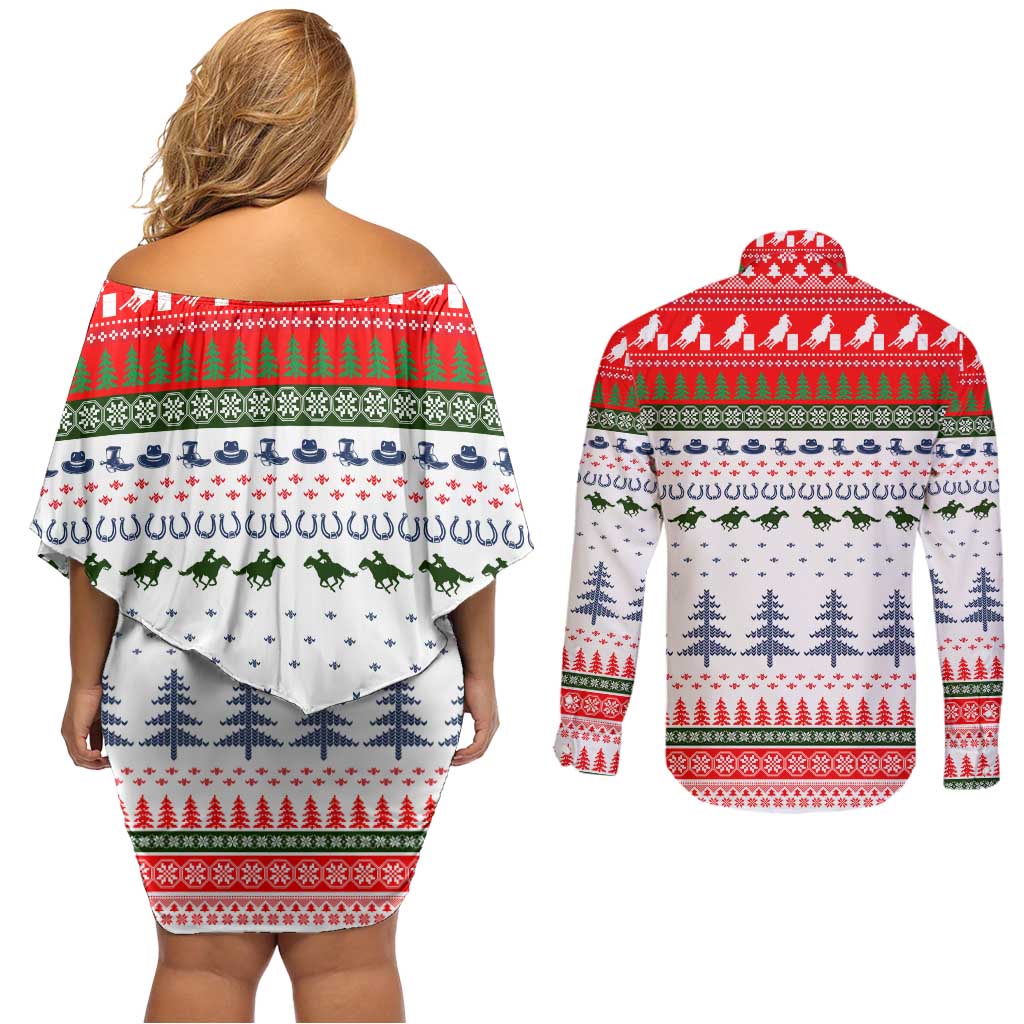 Barrel Racing Christmas Couples Matching Off Shoulder Short Dress and Long Sleeve Button Shirt Xmas Holiday Patterns - Wonder Print Shop