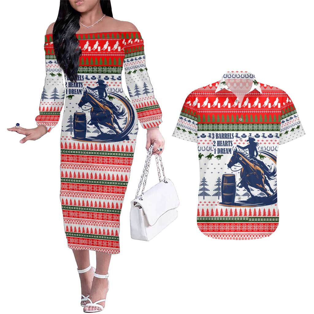 Barrel Racing Christmas Couples Matching Off The Shoulder Long Sleeve Dress and Hawaiian Shirt Xmas Holiday Patterns - Wonder Print Shop