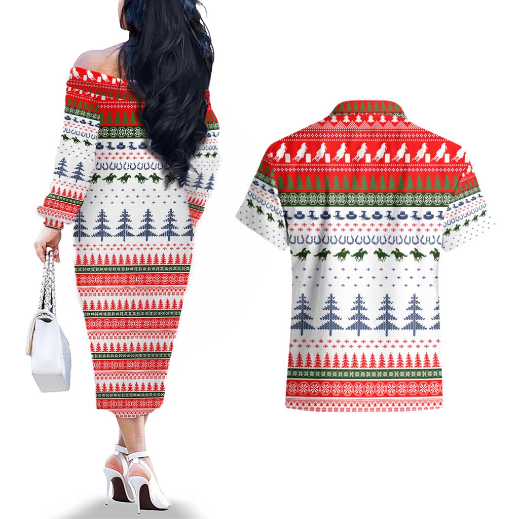 Barrel Racing Christmas Couples Matching Off The Shoulder Long Sleeve Dress and Hawaiian Shirt Xmas Holiday Patterns - Wonder Print Shop