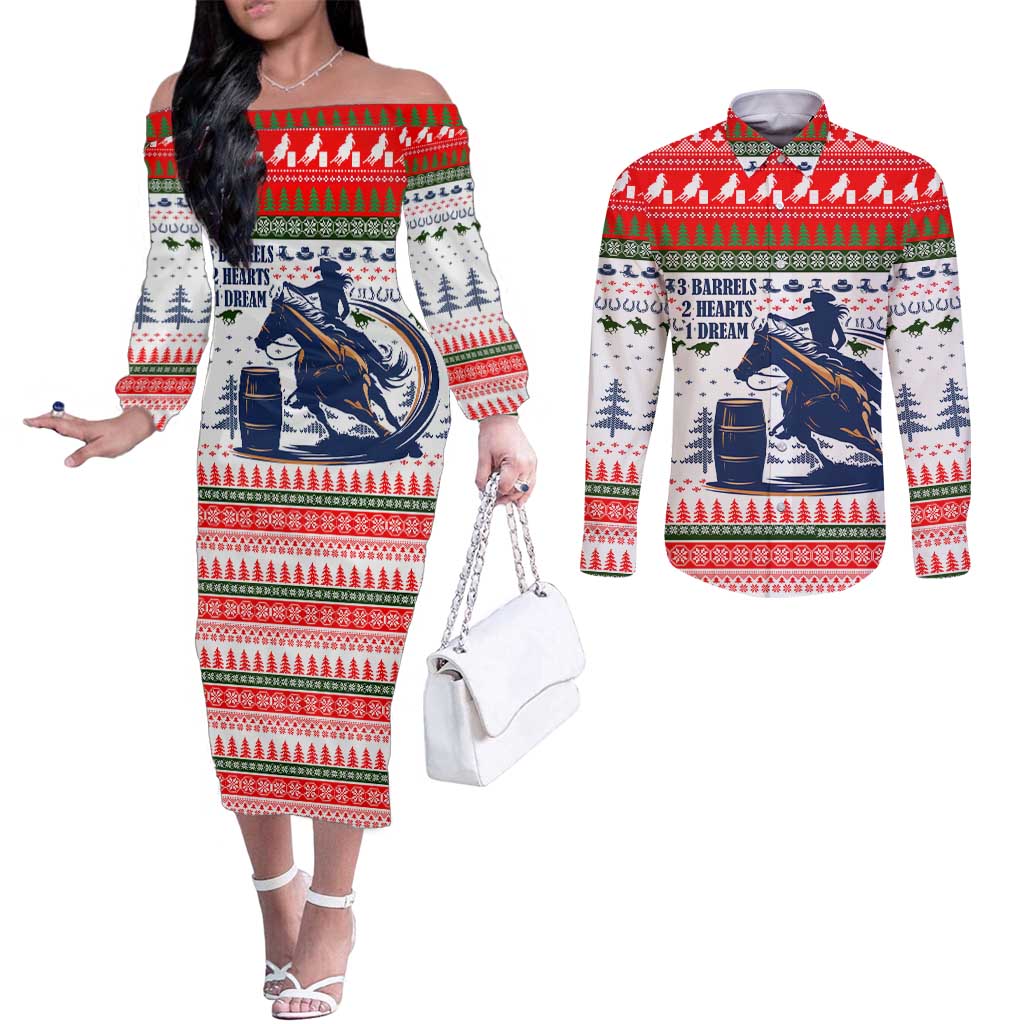 Barrel Racing Christmas Couples Matching Off The Shoulder Long Sleeve Dress and Long Sleeve Button Shirt Xmas Holiday Patterns - Wonder Print Shop