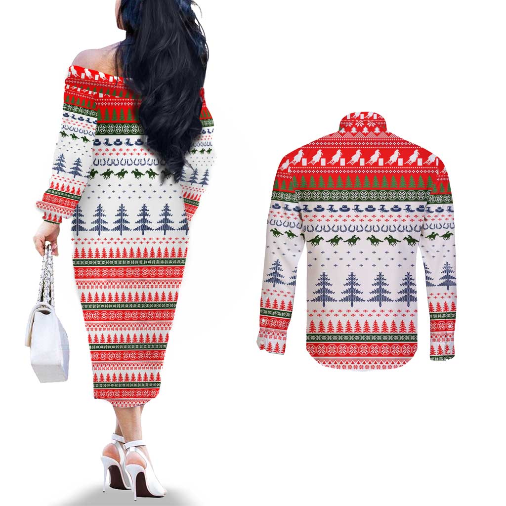 Barrel Racing Christmas Couples Matching Off The Shoulder Long Sleeve Dress and Long Sleeve Button Shirt Xmas Holiday Patterns - Wonder Print Shop
